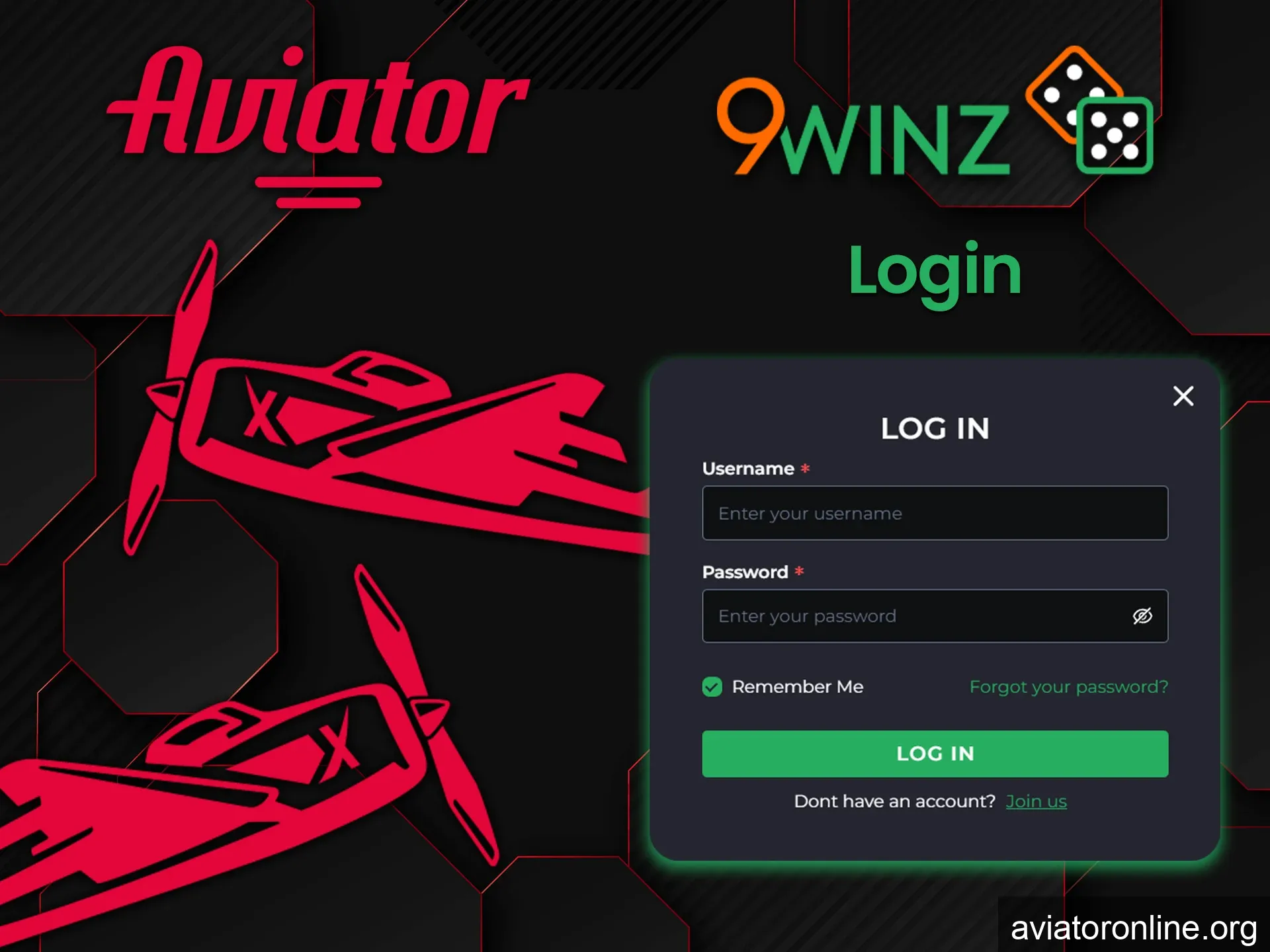 Enter your username and password to log in to 9winz.