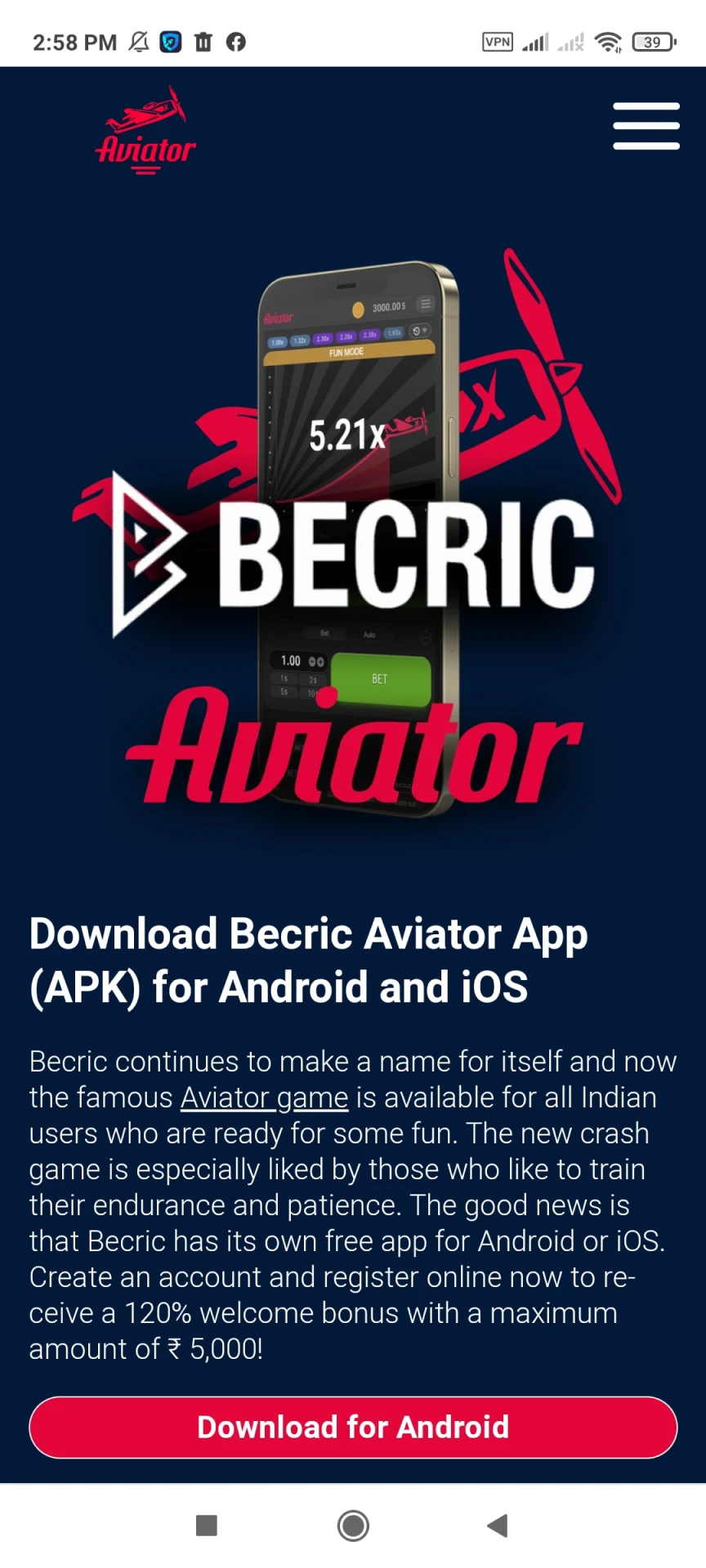Play Aviator through the Becric app on iOS.