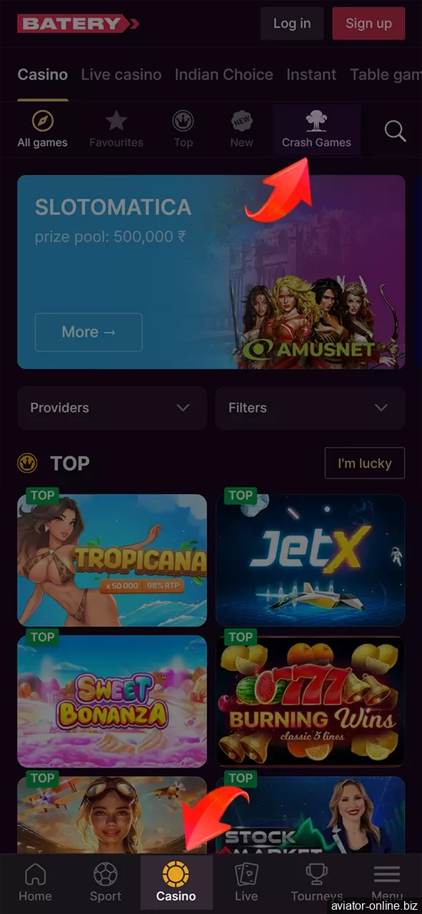 Find the crash game section to start playing Aviator demo mode.