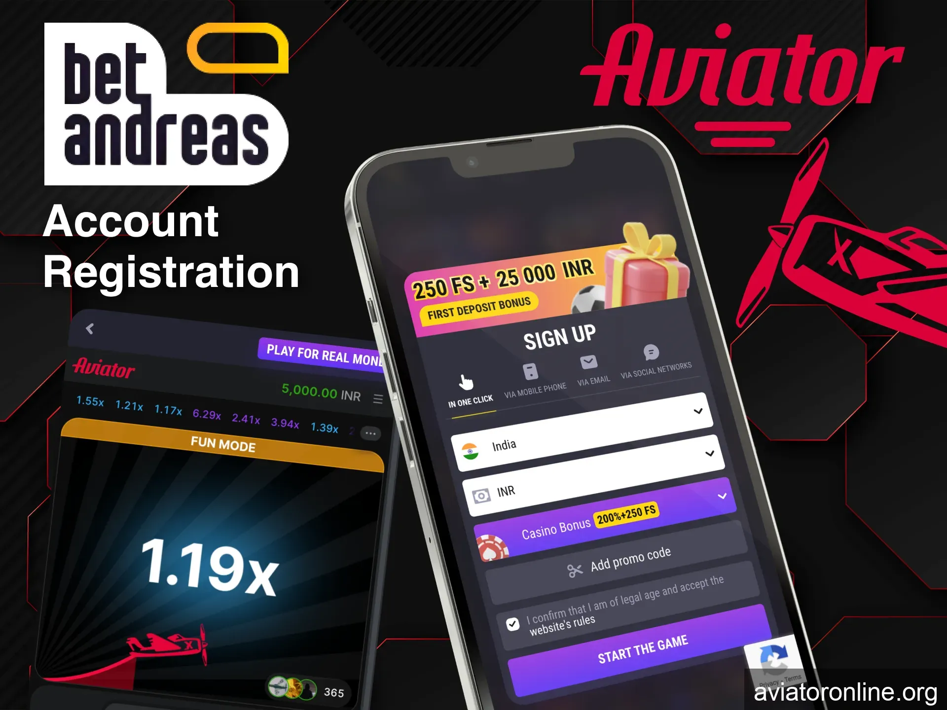Sign up on BetAndreas app to start playing Aviator.
