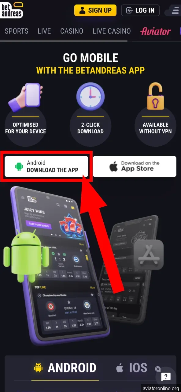 Begin BetAndreas installation via Android download link.