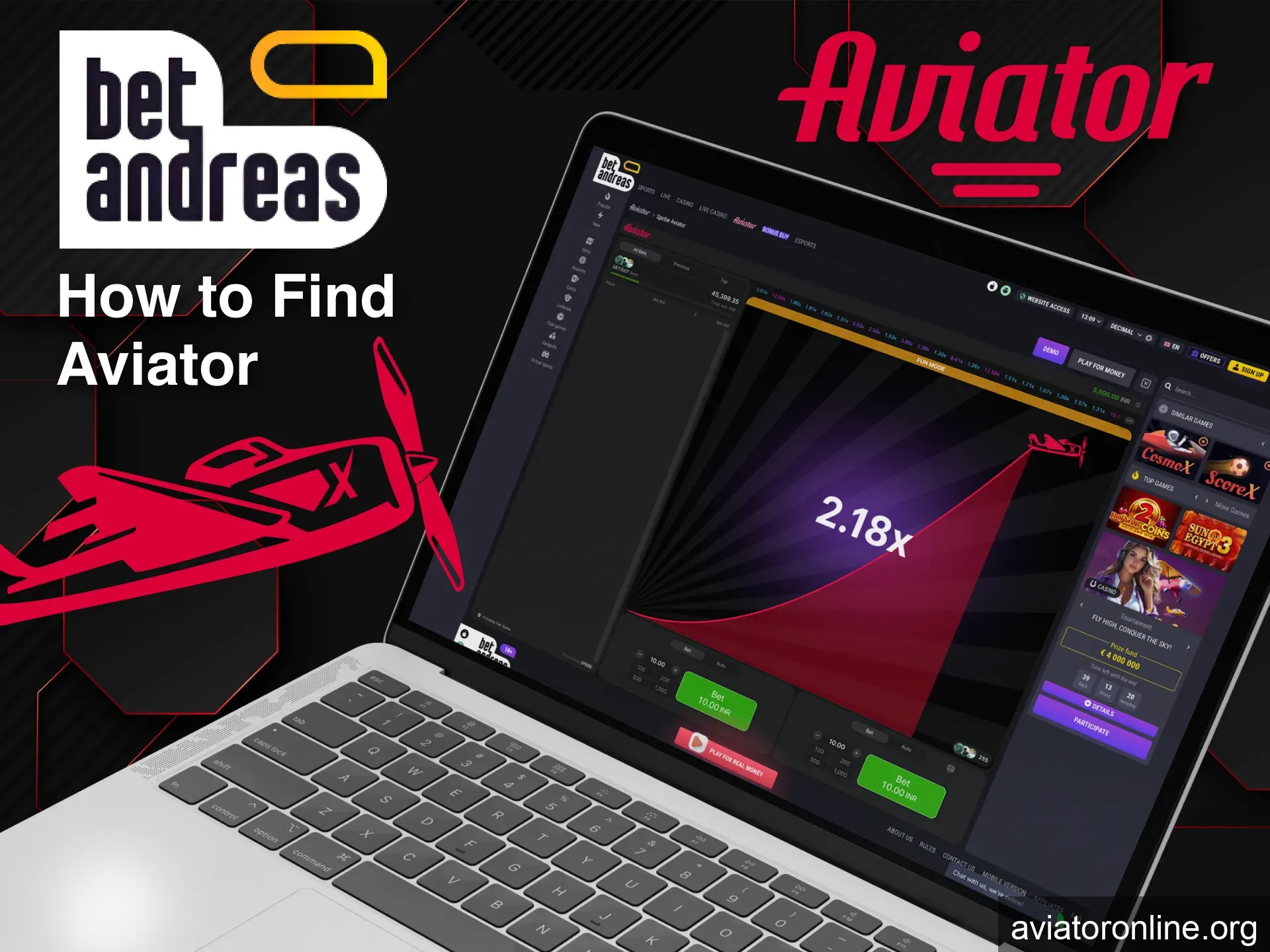 Click Aviator tab on BetAndreas homepage to start playing.