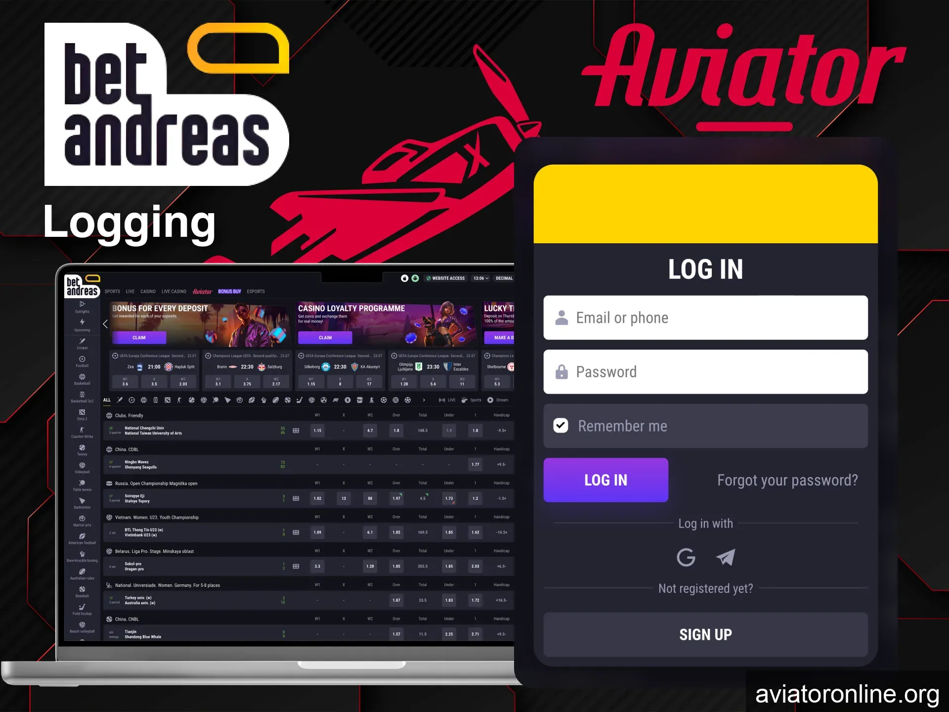 Log in to BetAndreas Aviator with email or phone.