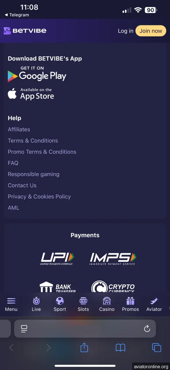 Open the BETVIBE website to download the iOS app.