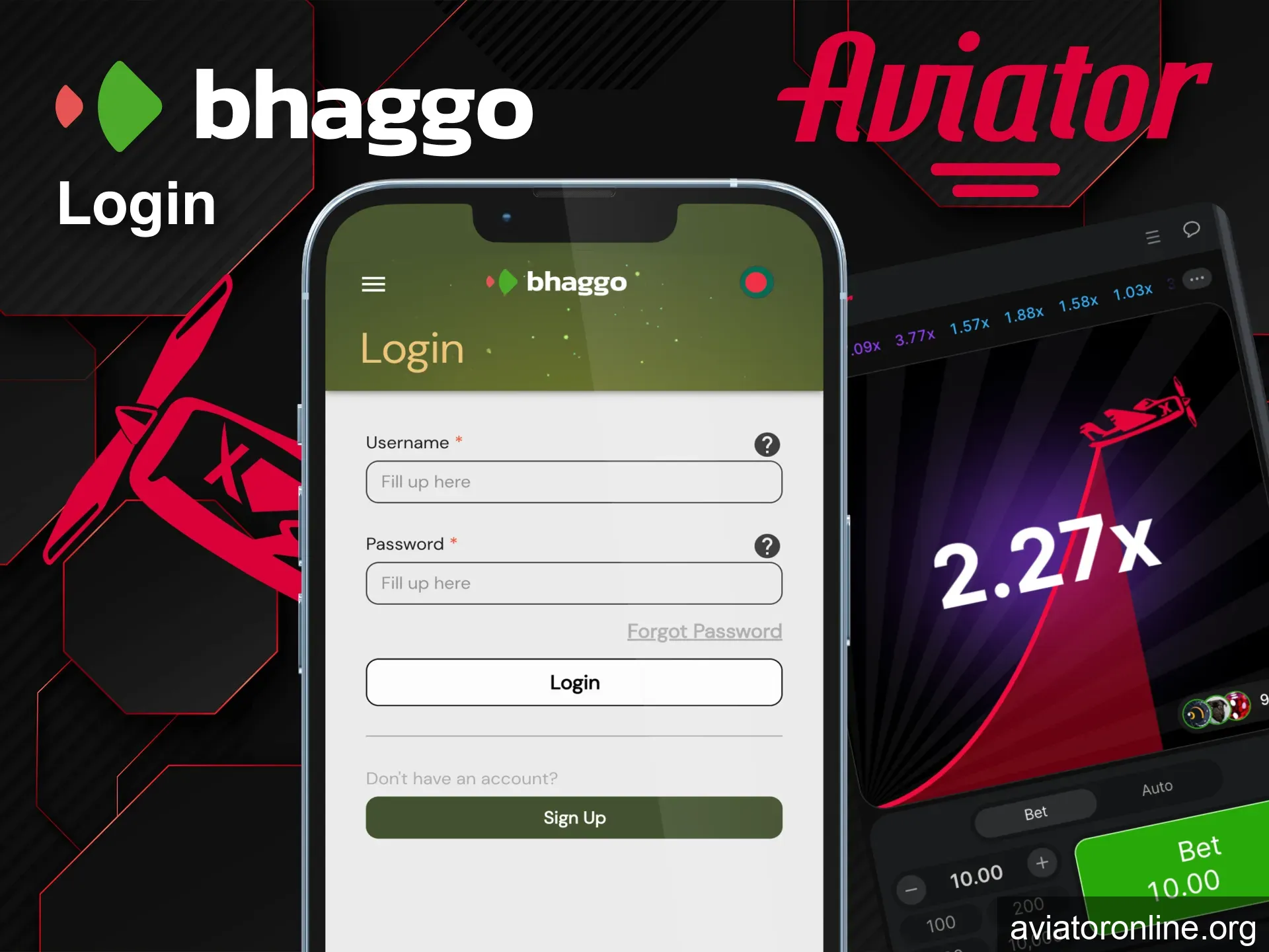 Log in to Bhaggo Aviator by entering username and password.