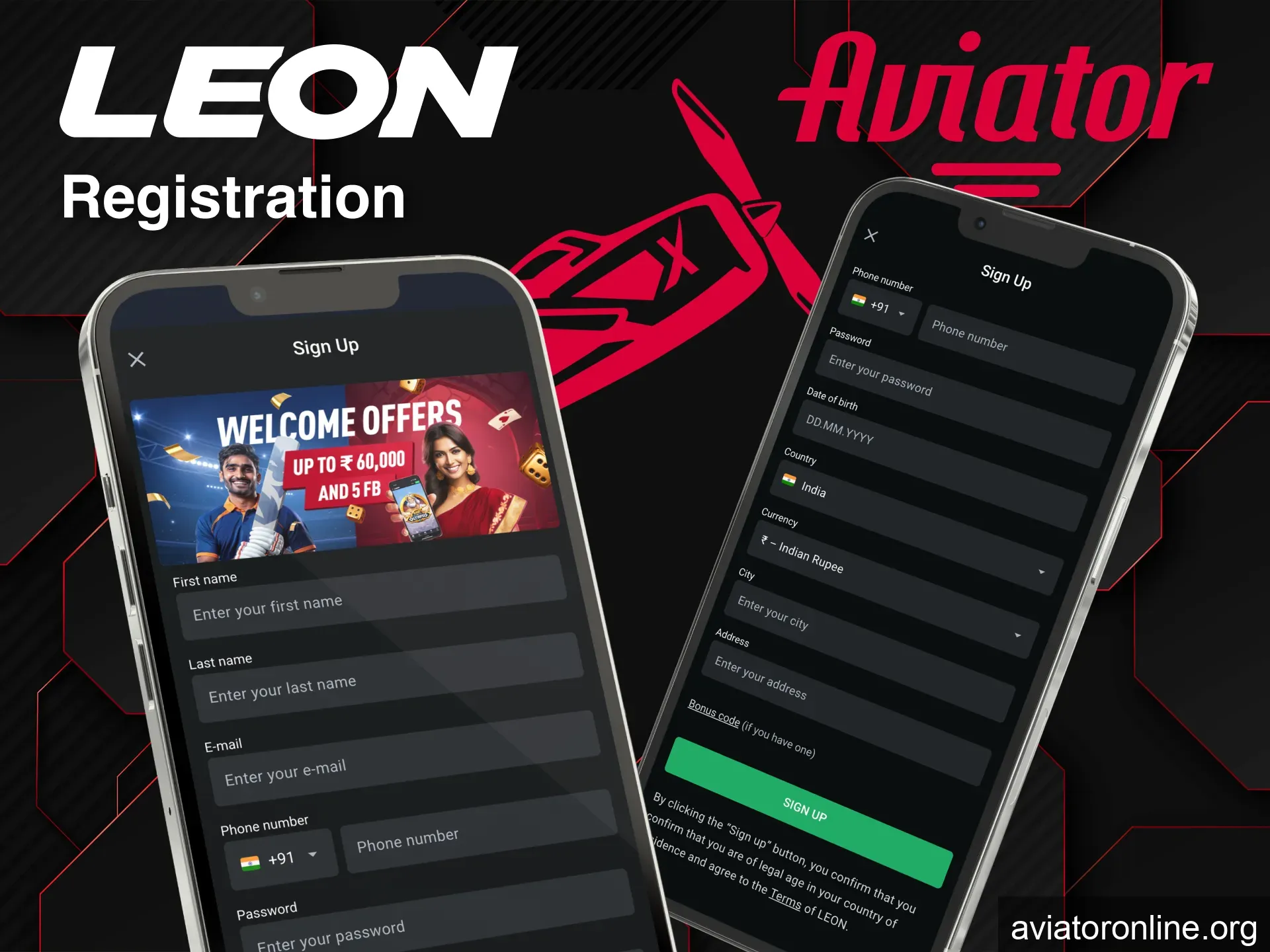 Register in Leon Aviator app with phone and email.