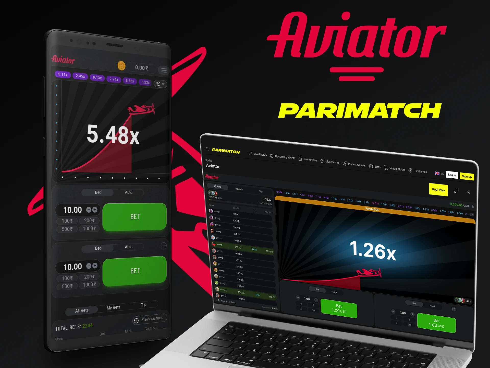 You can choose a convenient way from Parimatch to play Aviator.