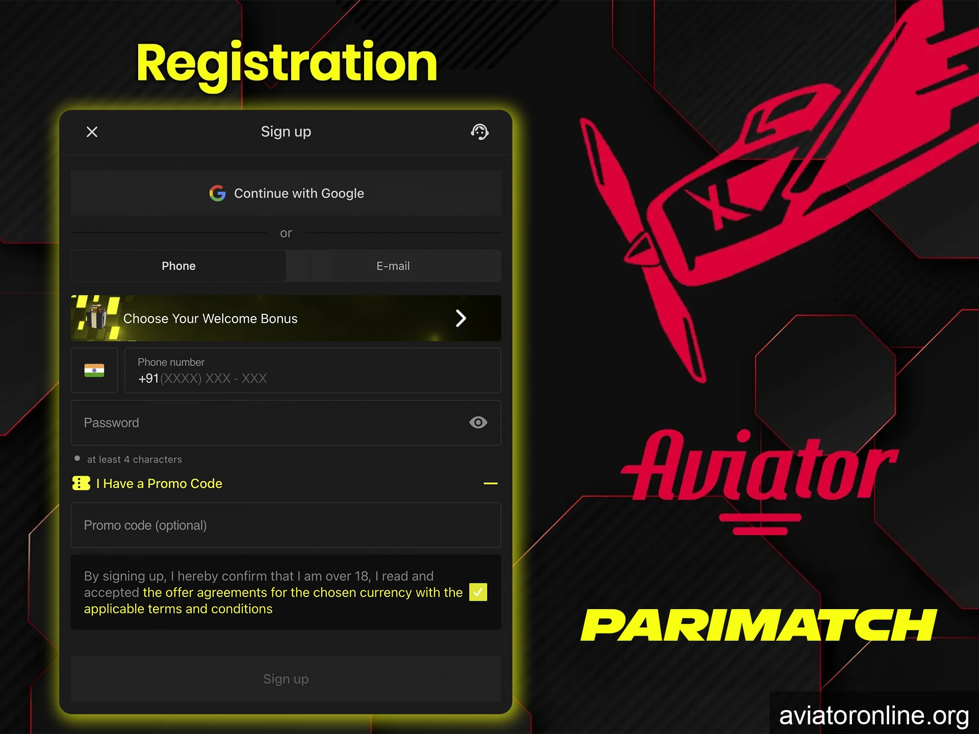 To start playing Aviator, you need to register on the Parimatch website.