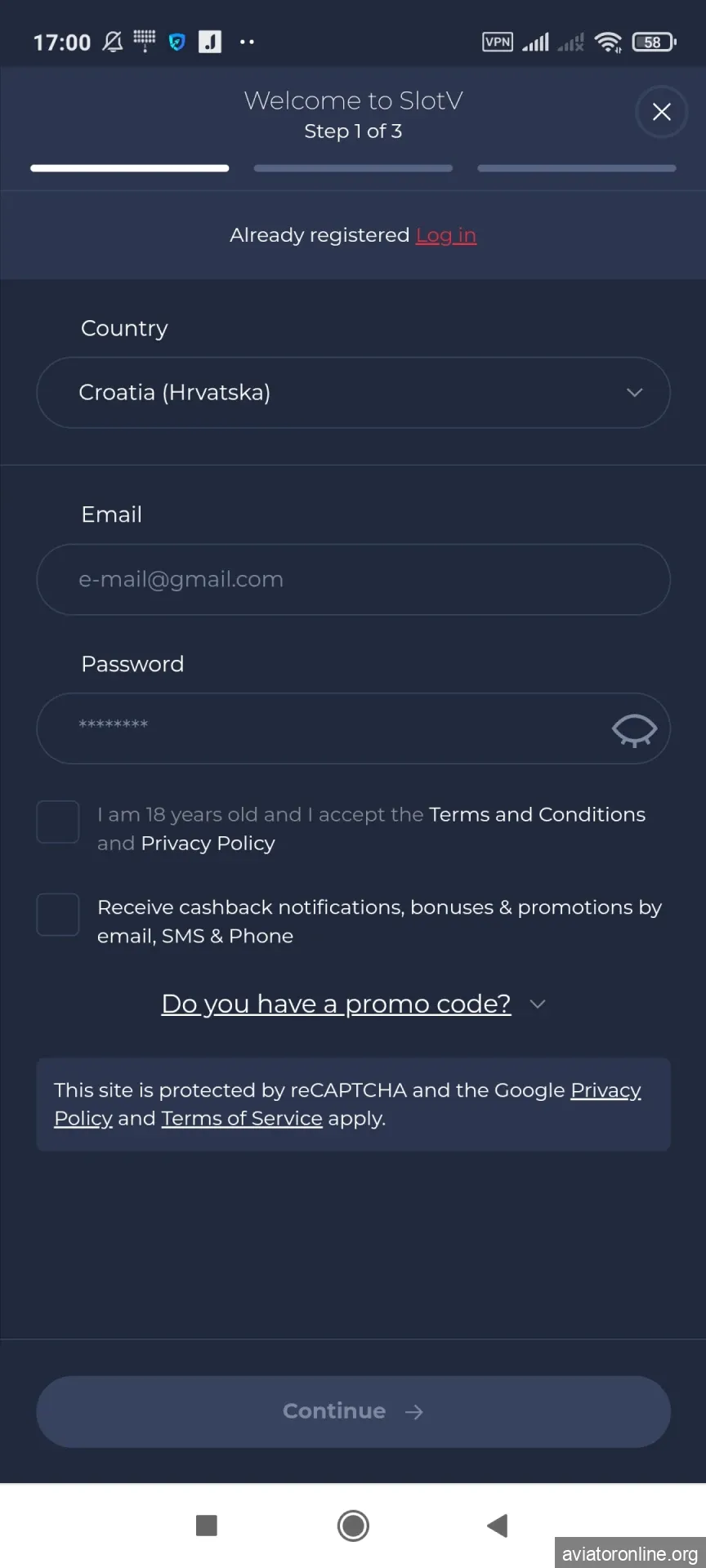 Visit the registration page in the SlotV application.